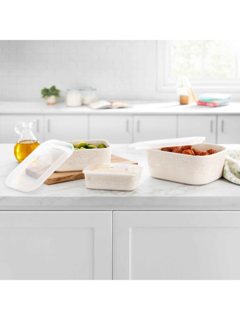 The Pioneer Woman Off-White Lids 6-Piece Vintage Lace Stoneware Baking Dish Set